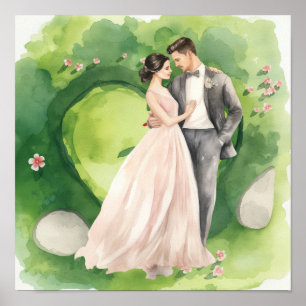 Golf-Hochzeit Braut & Bräutigam auf dem Golfplatz Poster