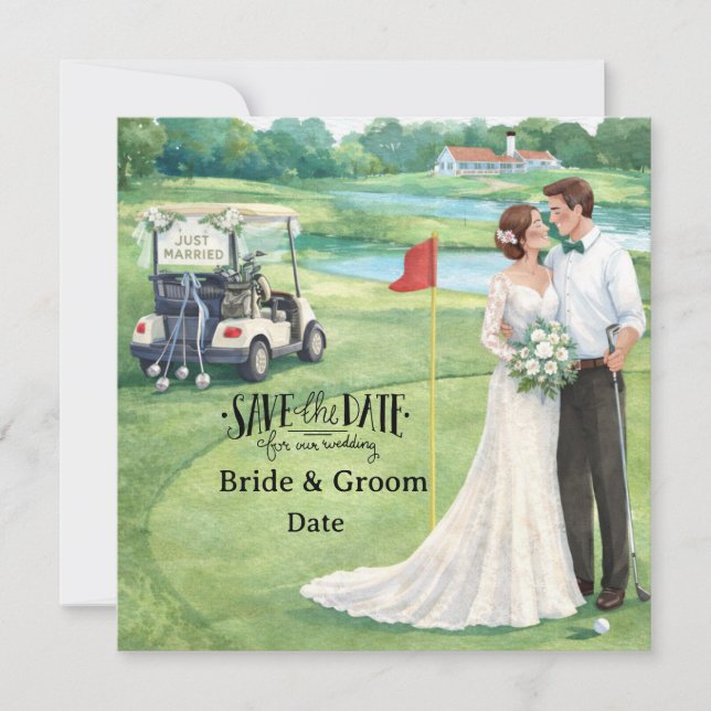 Golf-Hochzeit mit Braut und Bräutigam im Clubhaus Save The Date (Vorderseite)