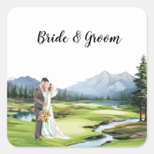 Golf Hochzeit mit Braut und Bräutigam Quadratischer Aufkleber