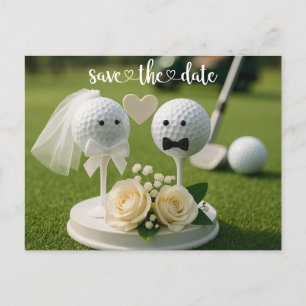 Golf-Hochzeit mit zwei Golfbällen auf grünem Gras Postkarte