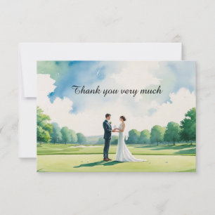 Golf Hochzeitsbrille und Bräutigam auf Golfplatz Dankeskarte
