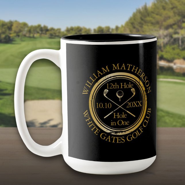 Golf Hole in einem Personalisierten Gold und Schwa Zweifarbige Tasse (Golf Hole in One Personalized Gold And Black Two-Tone Coffee Mug)