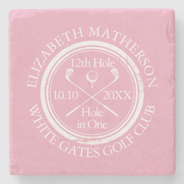 Golf Hole in One Feminine Pink Personalized Steinuntersetzer (Vorderseite)