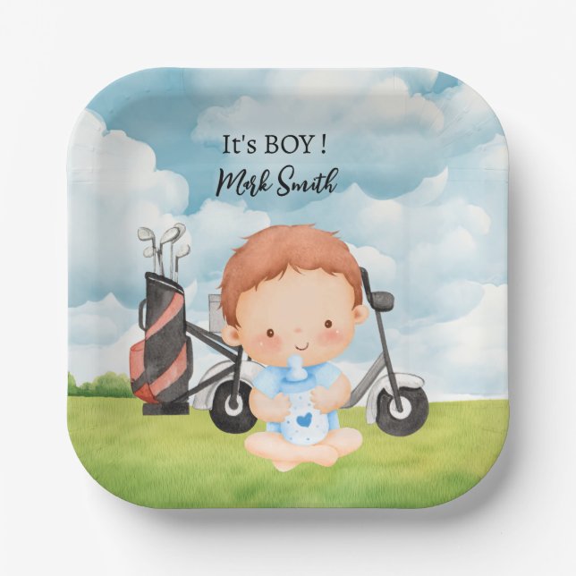 Golf It's Boy for Baby Shower Pappteller (Vorderseite)