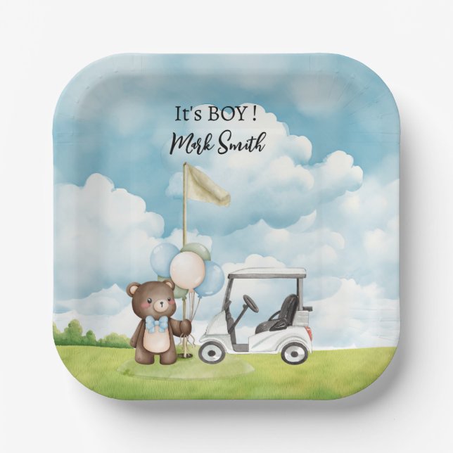 Golf It's Boy for Baby Shower Pappteller (Vorderseite)