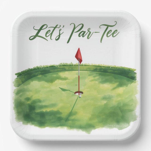 Golf Lass uns Abschlagen mit Golf Flagge auf Grün  Pappteller (Vorderseite)