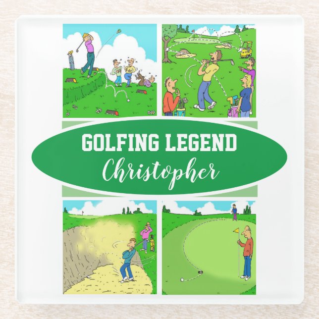 Golf Legende mit 4 schönen Cartoon Golf Glasuntersetzer (Vorderseite)