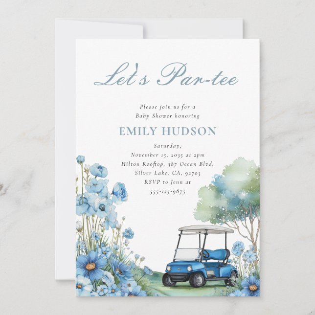 Golf Let's Par-tee Blaues Babyshower Einladung (Vorderseite)