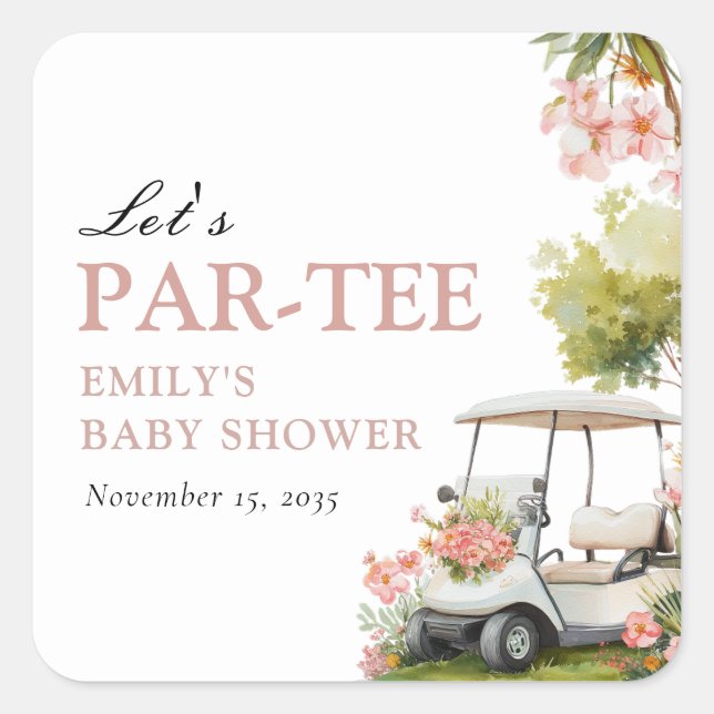 Golf Let's Par-tee Girl Baby Shower Quadratischer Aufkleber (Vorderseite)