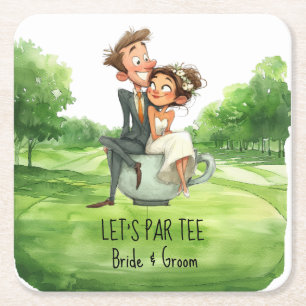Golf Let's Par Tee mit Braut und Bräutigam auf dem Rechteckiger Pappuntersetzer