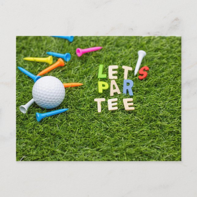 Golf let's par tee mit Golfball und Tee auf grün Postkarte (Vorderseite)