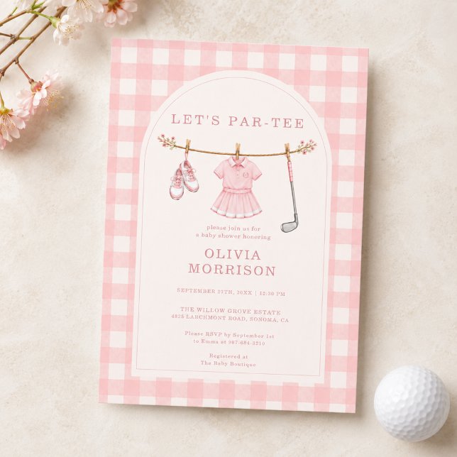 Golf Let's Par-tee Rosa Mädchen Gingham-Baby-Party Einladung (Von Creator hochgeladen)