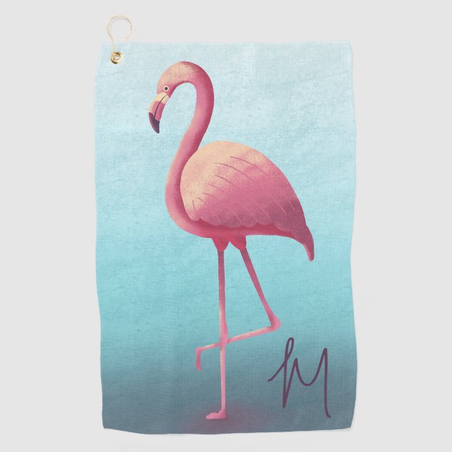 Golf Lover Flamingo Pink Blue Elegante Monogram Golfhandtuch (Vorderseite)