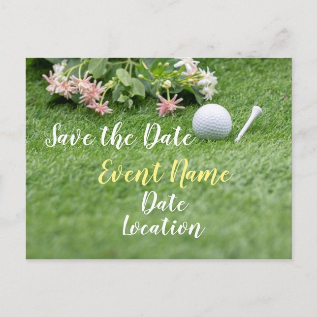 Golf mit Blume auf grünem Gras Save the Date Postkarte (Vorderseite)