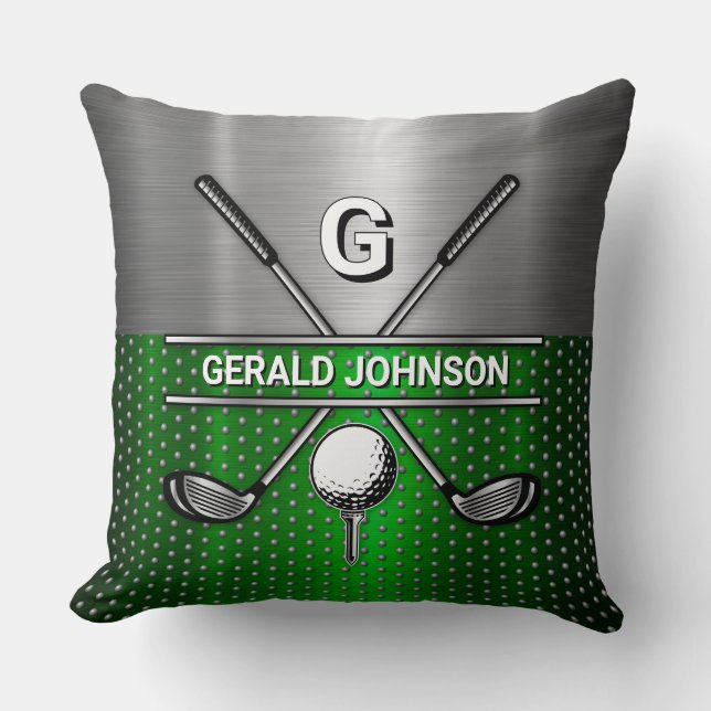 Golf Monogram Metallic Green und Silver Kissen (Vorderseite)