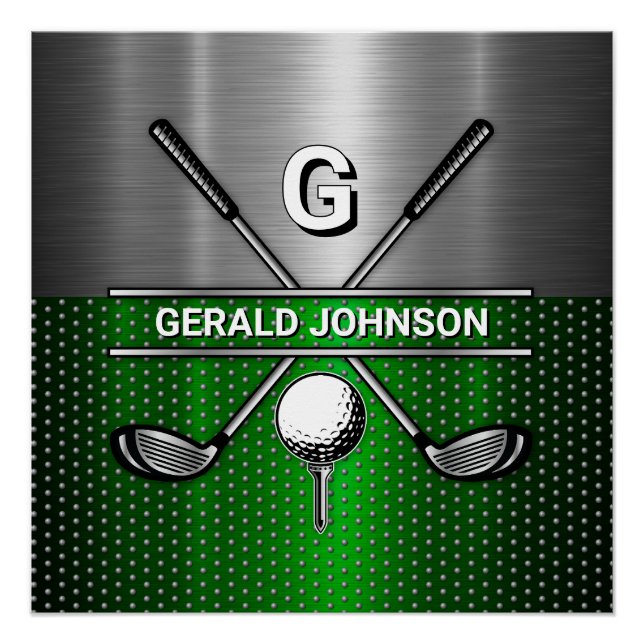 Golf Monogram Metallic Green und Silver Poster (Vorderseite)