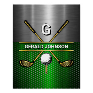 Golf Monogram Metallic Green und Silver Poster