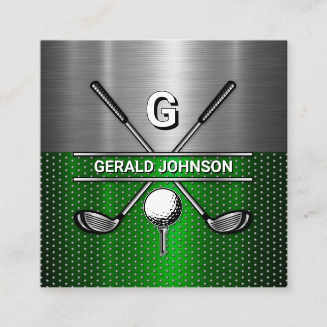 Golf Monogram Metallic Green und Silver Quadratische Visitenkarte (Vorderseite)