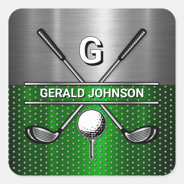 Golf Monogram Metallic Green und Silver Quadratischer Aufkleber (Vorderseite)