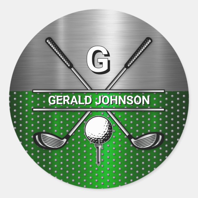 Golf Monogram Metallic Green und Silver Runder Aufkleber (Vorderseite)