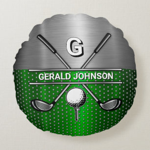 Golf Monogram Metallic Green und Silver Rundes Kissen