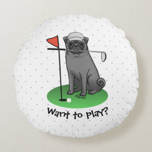 Golf Mops Golf spielen (schwarz) Niedlicher Hund F Rundes Kissen