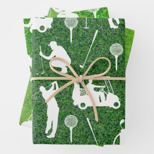 Golf-Muster mit Golfer und Golfwagen auf Grün Geschenkpapier Set