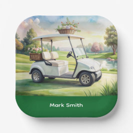 Golf-Osterferien mit Golfwagen und Ostereiern Pappteller