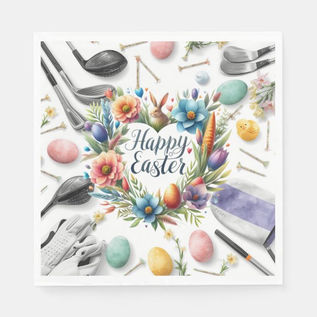 Golf-Osterhasen Bälle und Blumen und Ausrüstung Serviette (Vorderseite)