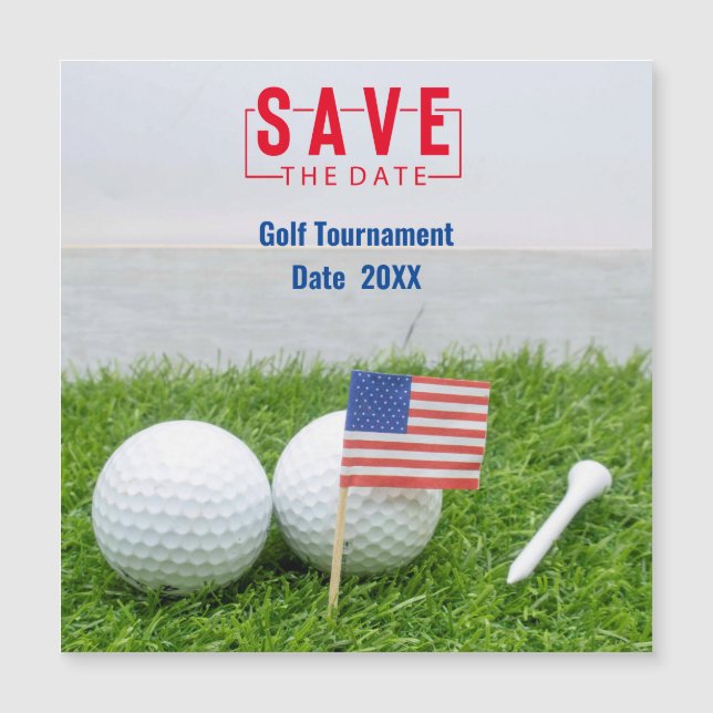 Golf Outing Save the Date mit der Flagge Amerikas Magnetkarte (Vorderseite)