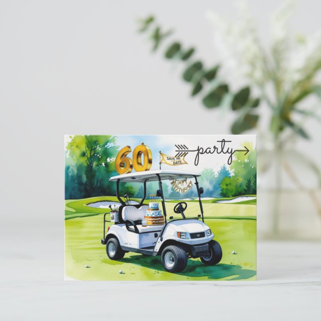 Golf Party invitation Save the Date 60th Birthday Einladungspostkarte (Stehend Vorderseite)