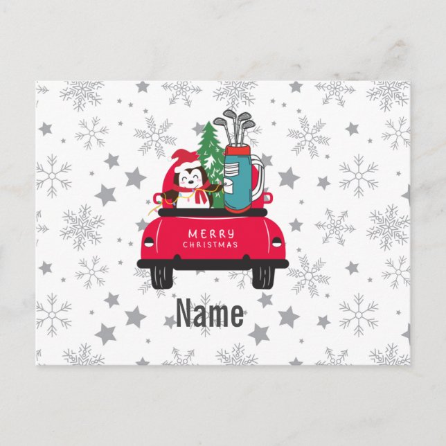 Golf Pinguin Golfer mit Golfwagen Frohe Weihnachte Postkarte (Vorderseite)