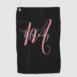 Golf Pink Monogram mit weißer Schrift auf schwarz Golfhandtuch