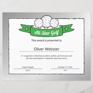 Golf Player Award Golf Zertifikat