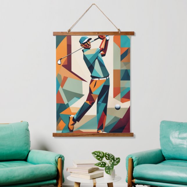 Golf Player Cubist Wall Tapestry Wandteppich Mit Holzrahmen (Wohnzimmer)