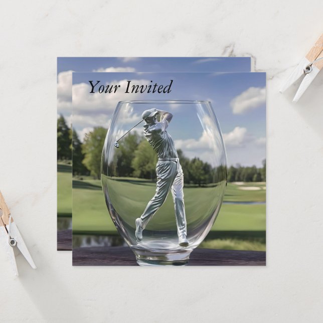 Golf-Player in einem Glas-Tumbler mit Golfplatz, Einladung (Vorderseite/Rückseite Beispiel)