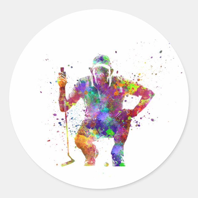 Golf player in watercolor runder aufkleber (Vorderseite)