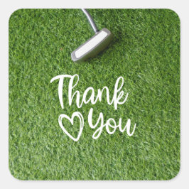 Golf putter are on green grass Thank you Quadratischer Aufkleber