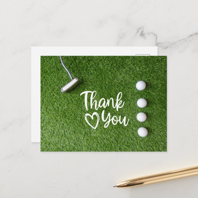 Golf Putter sind auf grünem Gras Danke Postkarte (Vorderseite/Rückseite Beispiel)