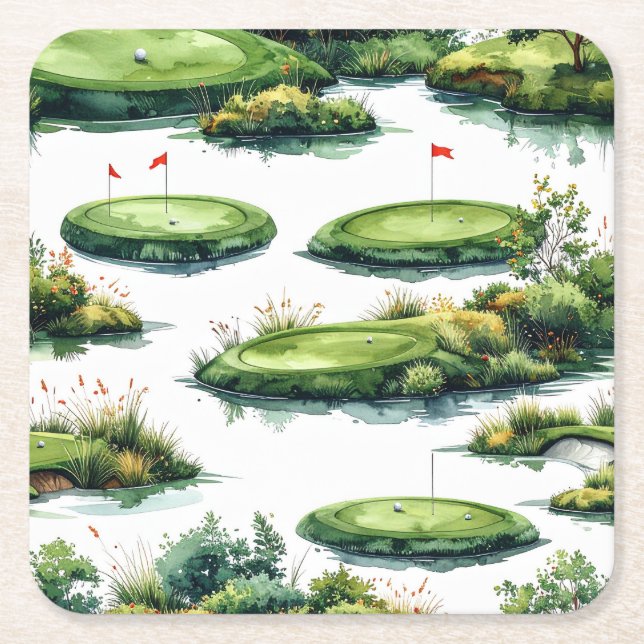 Golf Putting Green mit roter Flagge Rechteckiger Pappuntersetzer (Vorderseite)