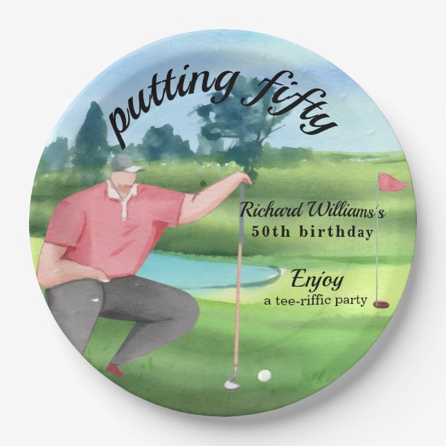 Golf Putting zum 50. Geburtstag des Mannes Pappteller (Vorderseite)