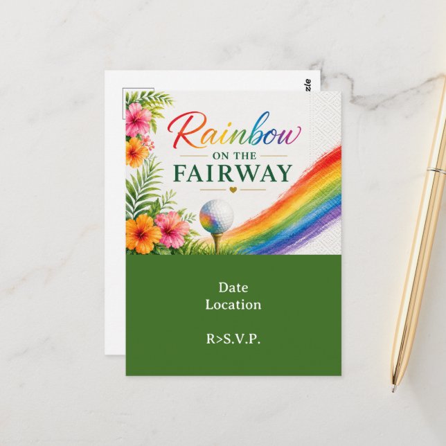 Golf-Regenbogen auf dem Fairway Pride Golf-Feier Postkarte (Vorderseite/Rückseite Beispiel)