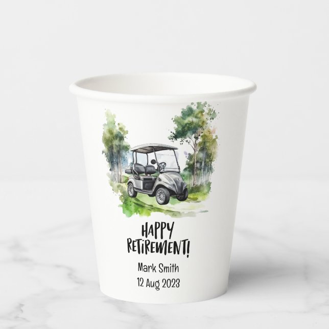 Golf Retirement mit Warenkorb auf grünem Wasser Pappbecher (Vorderseite)