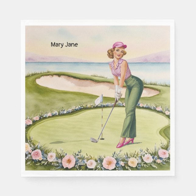 Golf Retro Golf Chic: Golferin am Grün Serviette (Vorderseite)
