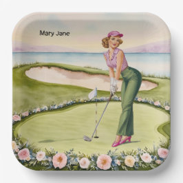 Golf  Retro Golf Chic: Woman Golfer at the Green Pappteller