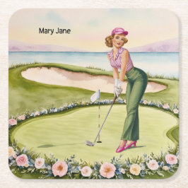 Golf  Retro Golf Chic: Woman Golfer at the Green Rechteckiger Pappuntersetzer