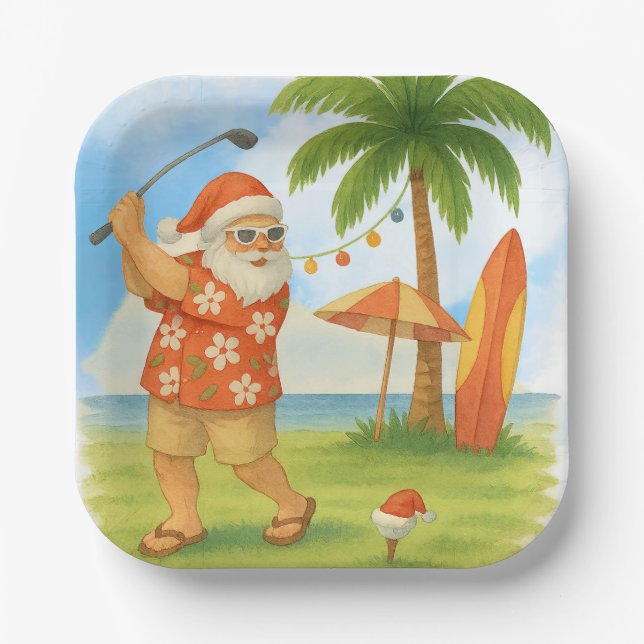 Golf Santa Claus Golfen Weihnachtssommer Thema Pappteller (Vorderseite)