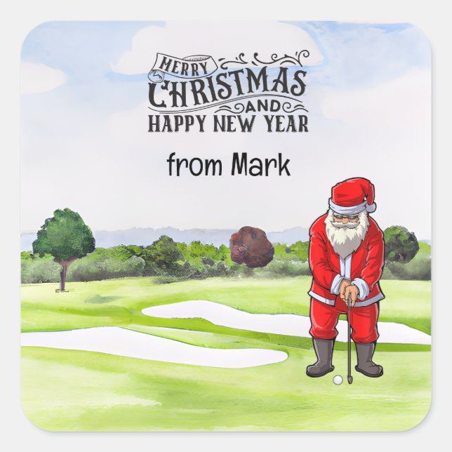 Golf Santa Claus golfen zu Weihnachten Quadratischer Aufkleber (Vorderseite)