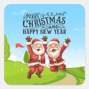 Golf Santa Claus mit Schnee Frohe Weihnachten Quadratischer Aufkleber