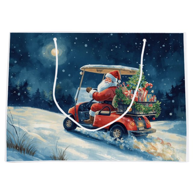 Golf Santa Claus Riding Red Cart Christmas Holiday Große Geschenktüte (Vorderseite)